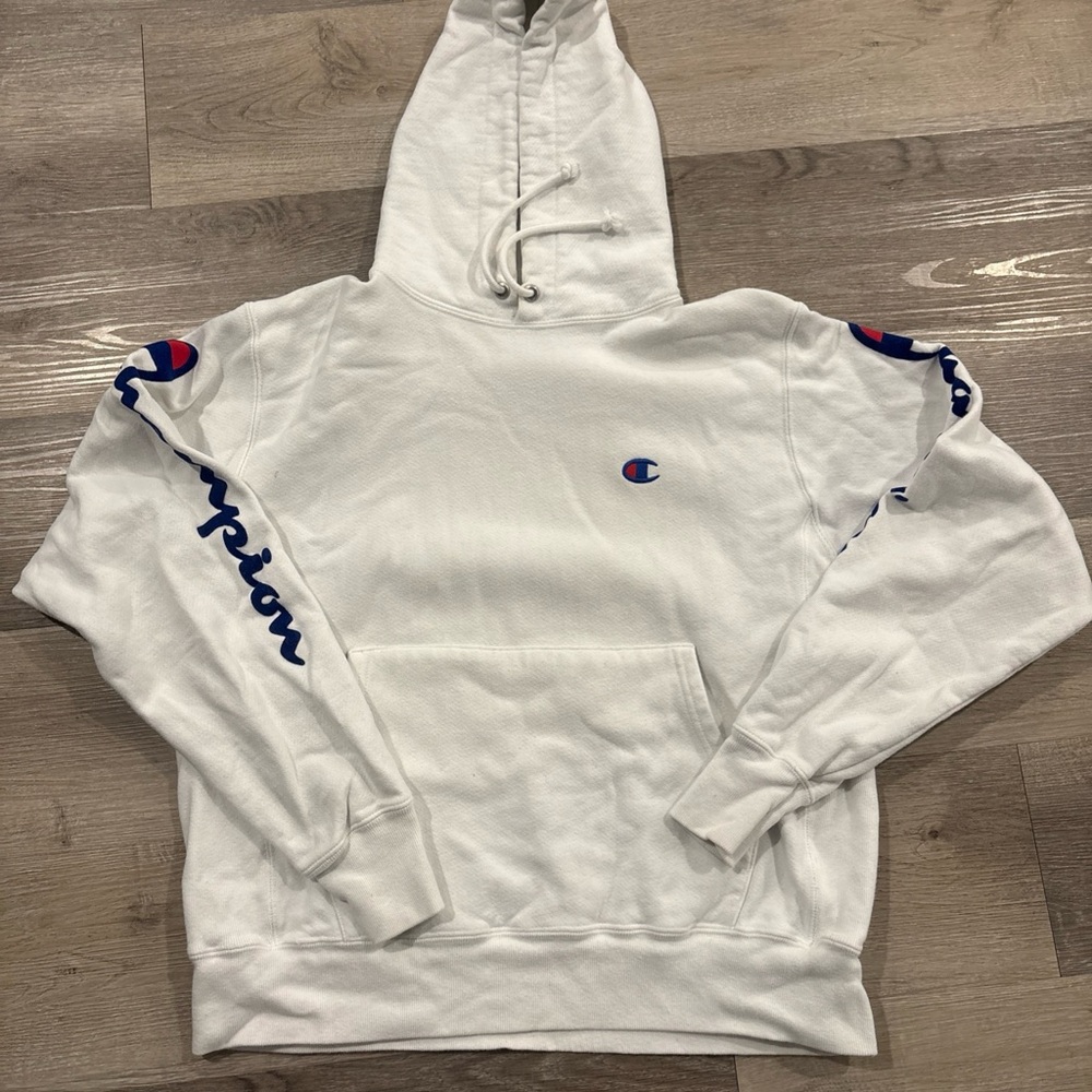 Champion Classic White Hoodie with Blue Accents